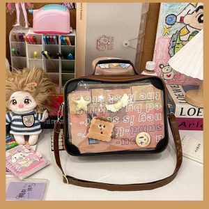 Y2K Vintage Ita Crossbody Bag | Cute Girl Transparent Shoulder Bag | PU Patchwork DIY Display Handbag