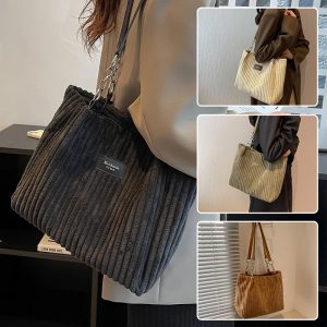 Stylish Retro Shoulder Bag: Large Capacity Corduroy Tote for Casual Use