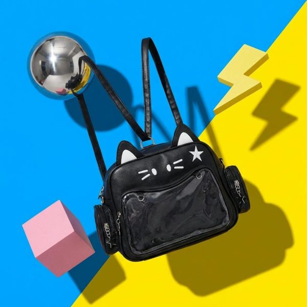 Black Kawaii Cat Convertible Ita Bag with Clear Window for Pin Display