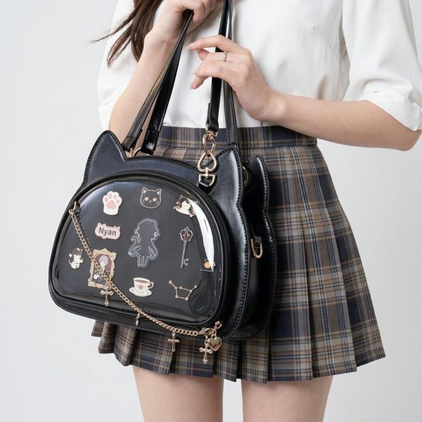 Black Kawaii Cat Convertible Ita Bag with Clear Window for Pin Display
