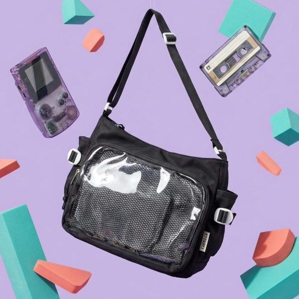 Black Kawaii Convertible Ita Bag with Clear Window for Pin Display