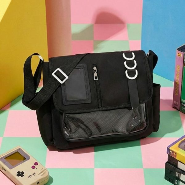 Black Kawaii Convertible Ita Bag with Clear Window for Pin Display