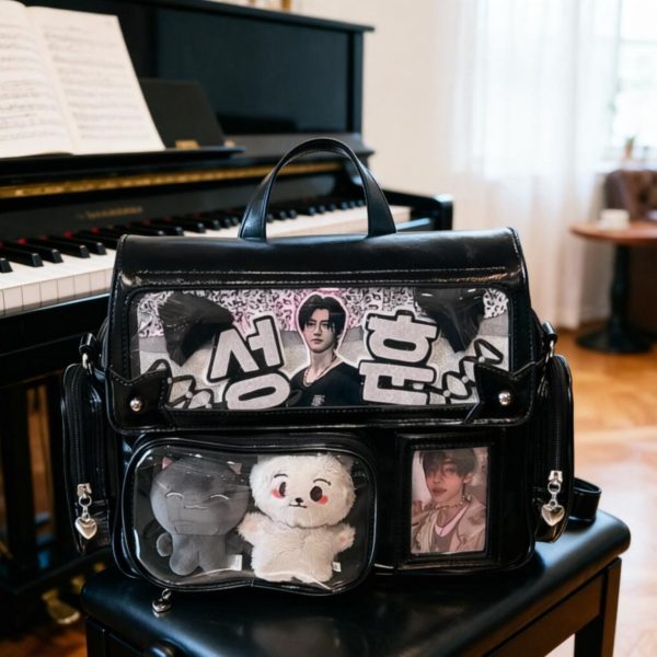 Black Kawaii Convertible Ita Bag with Clear Window for Plushies and Pins