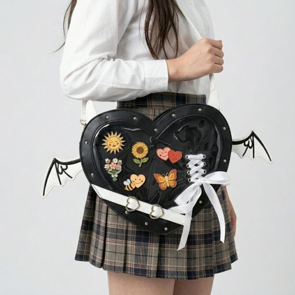 Black Kawaii Heart Convertible Ita Bag for Pin Display