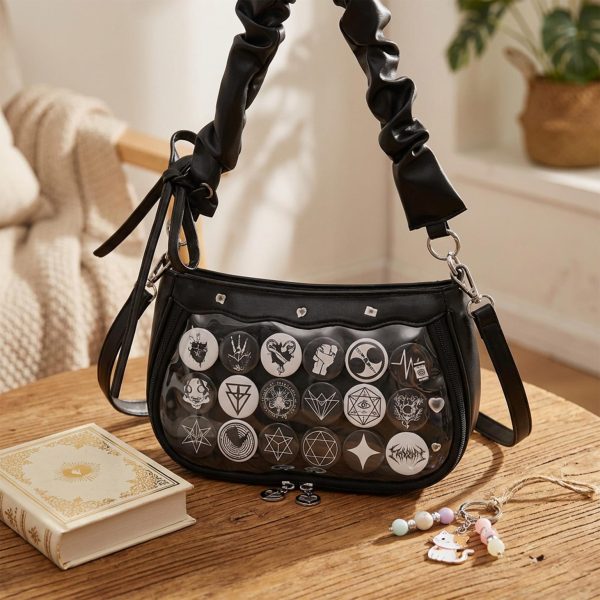 Black Kawaii Ita Crossbody Bag with Clear Window for Pin Display