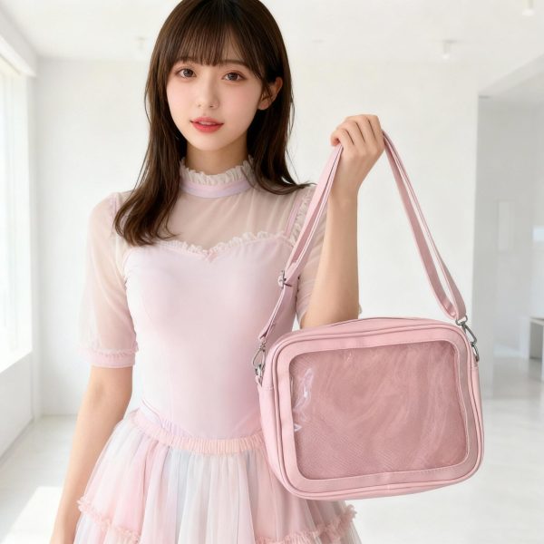 Black Kawaii Ita Shoulder Bag with Clear Window for Pin Display
