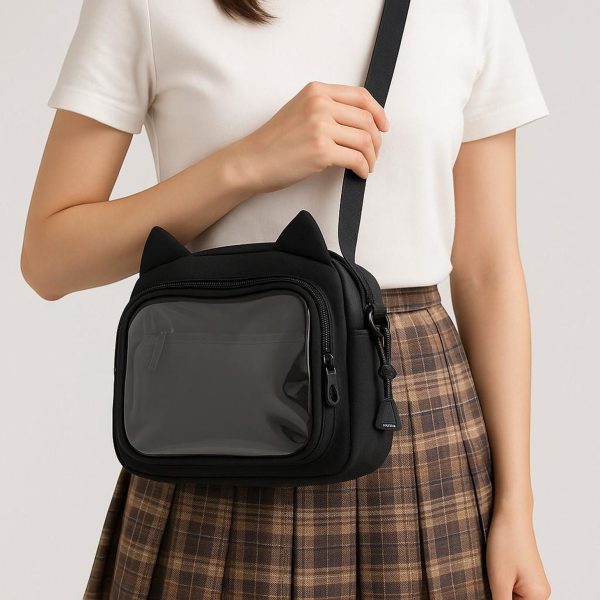 Black Kawaii Ita Shoulder Bag with Clear Window for Pin Display