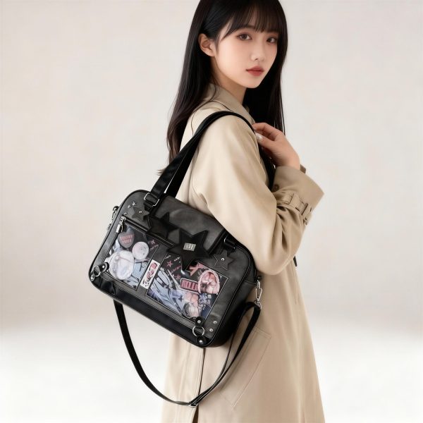 Black Kawaii Ita Tote Bag with Clear Window for Plushies and Pins