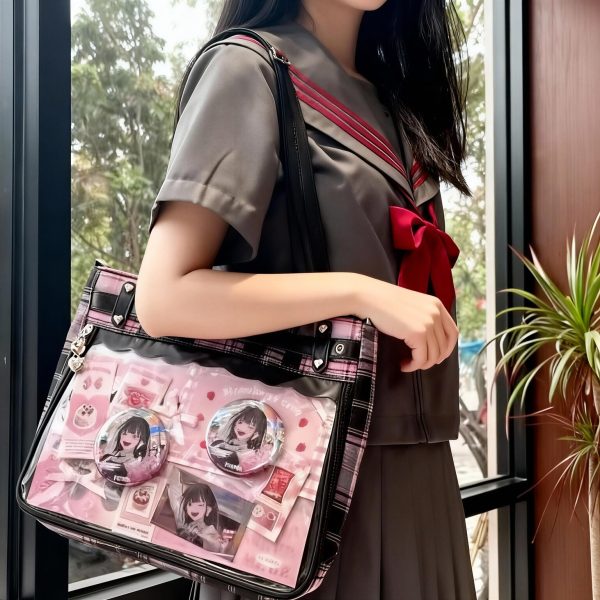 Black Kawaii Plaid Ita Shoulder Bag for Photocards and Pins