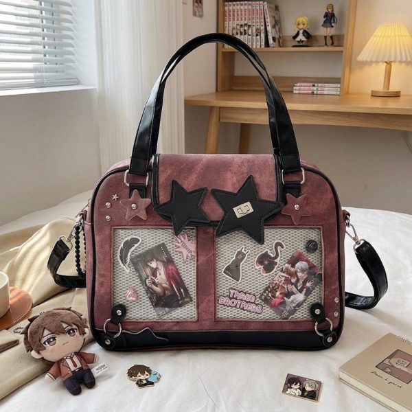 Black Kawaii Star Convertible Ita Bag with Clear Window for Photocards and Pins