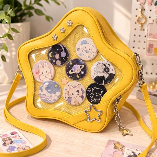 Black Kawaii Star Convertible Ita Bag with Clear Window for Pin Display