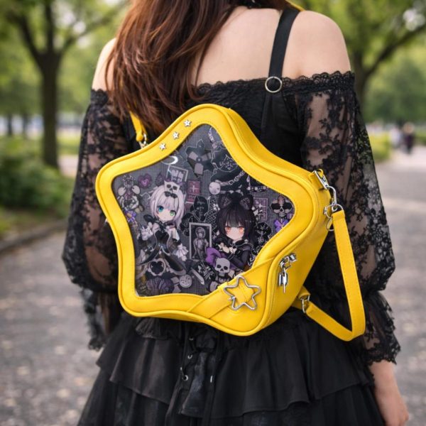 Black Kawaii Star Convertible Ita Bag with Clear Window for Pin Display