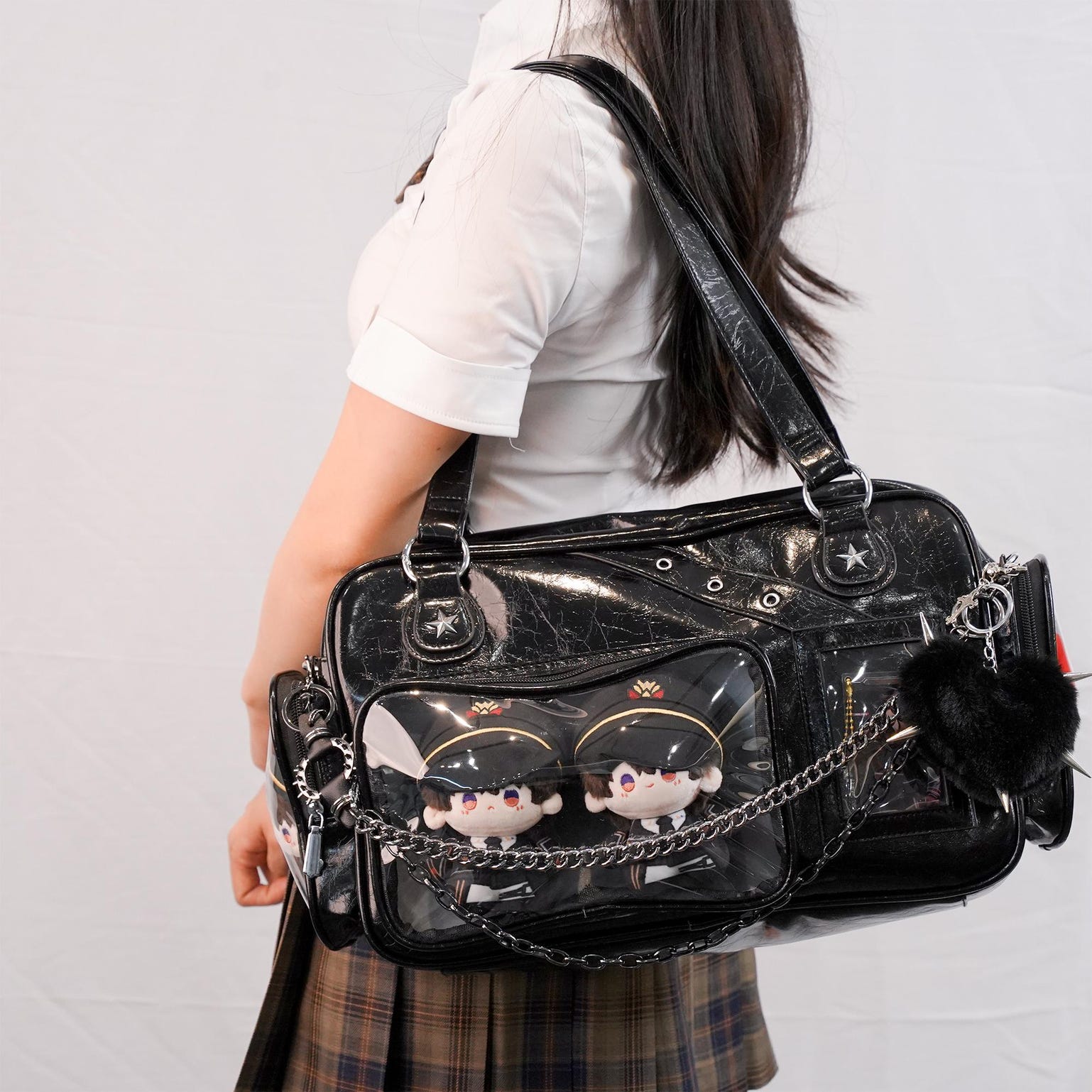 Black Y2K Gothic Ita Messenger Bag with Clear Window for Plushies and Pins