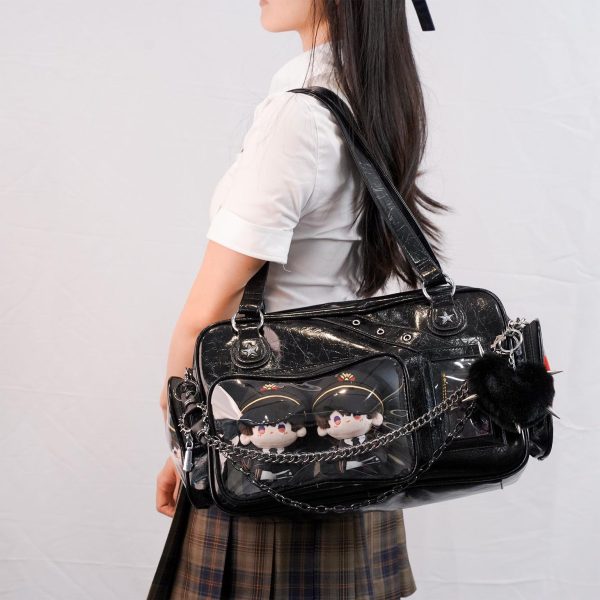 Black Y2K Gothic Ita Messenger Bag with Clear Window for Plushies and Pins