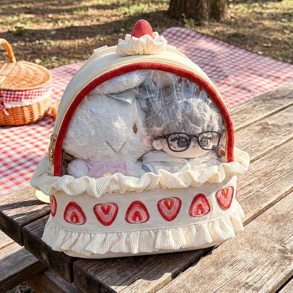Cream Lace Strawberry Ita Backpack with Clear Window for Plushies and Pins