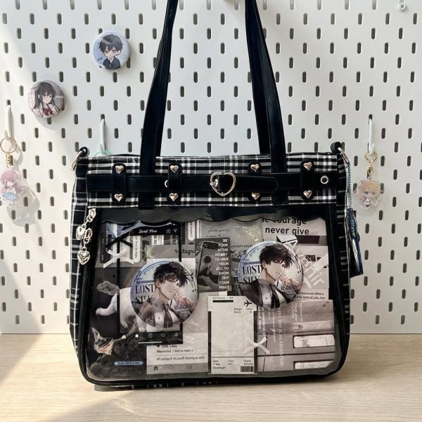 Gothic Plaid Ita Shoulder Bag with Clear Window for Pin Display