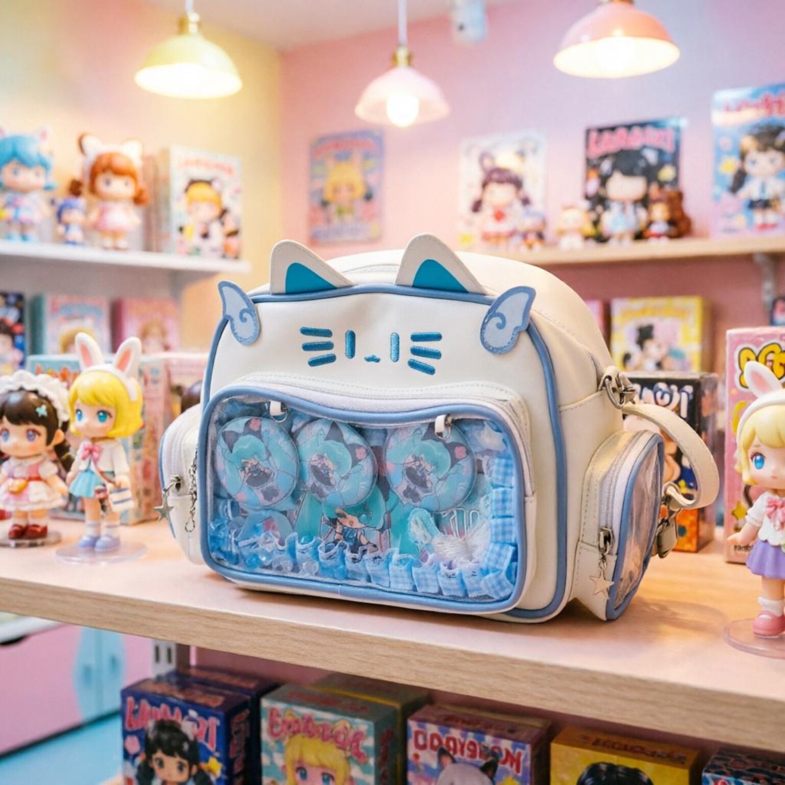 Kawaii Cat Convertible Ita Bag with Clear Window and Included Insert for Plushies and Pins