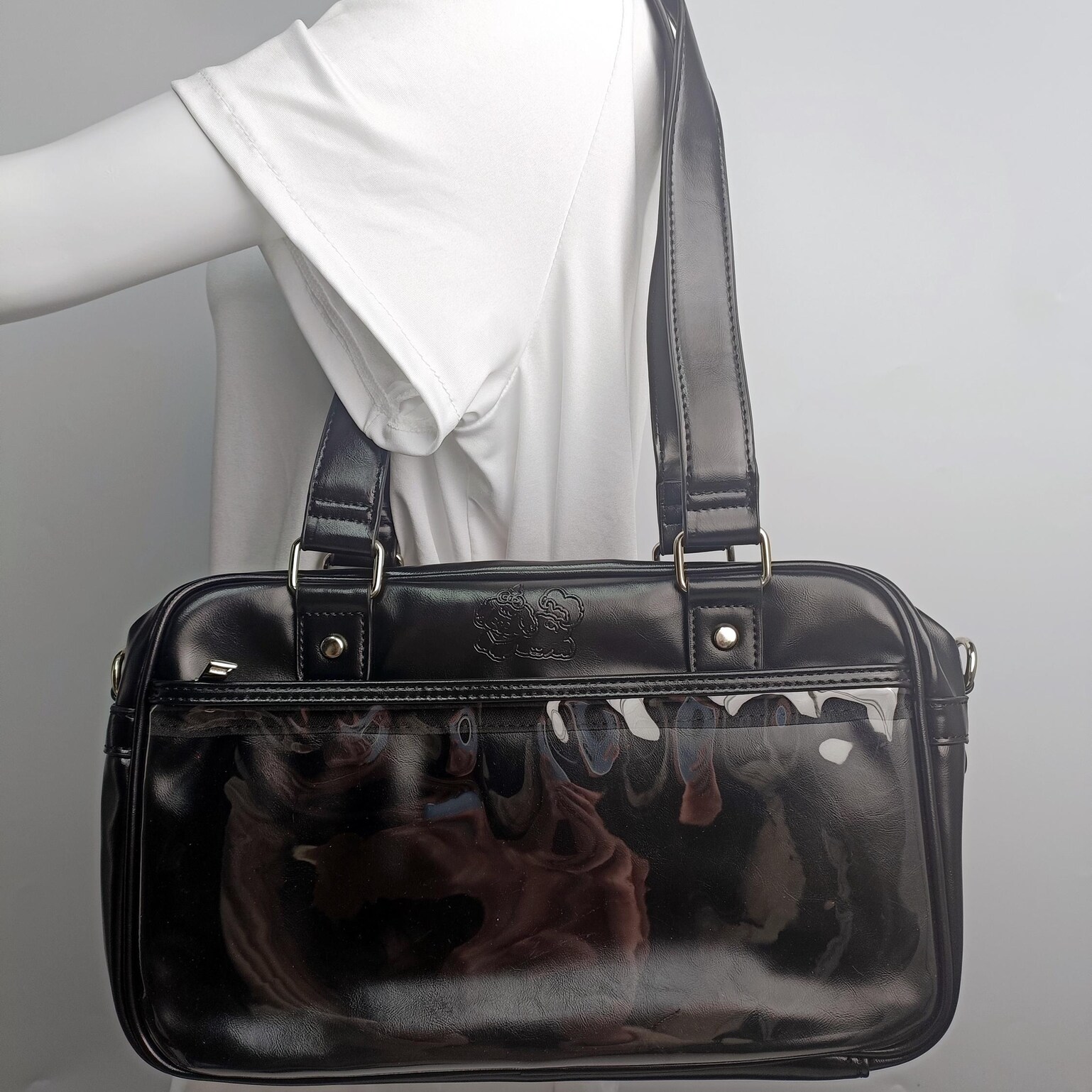 Large Black Ita Crossbody Bag with Clear Window for Pin Display