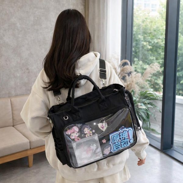 Large Black Kawaii Convertible Ita Bag with Clear Window for Photocards and Pins