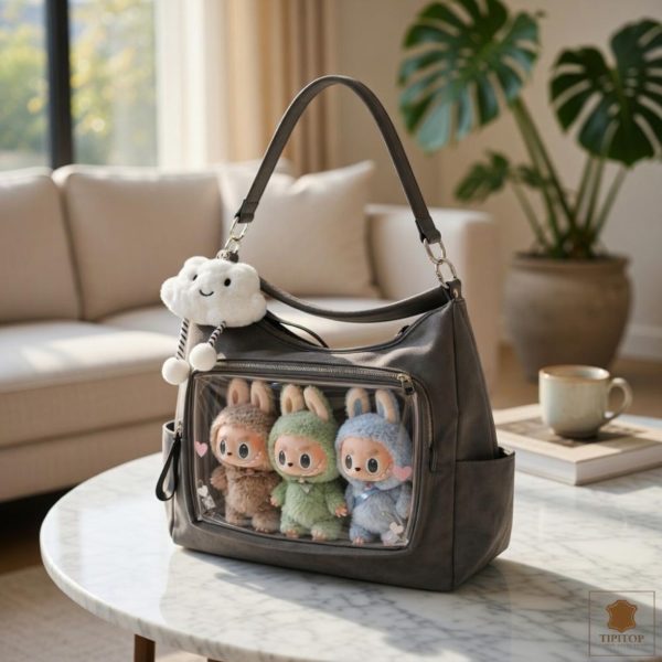 Large Black Kawaii Convertible Ita Bag with Clear Window for Plushies and Pins