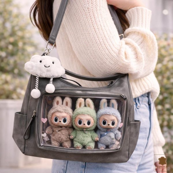 Large Black Kawaii Ita Messenger Bag with Clear Window for Plushies and Pins