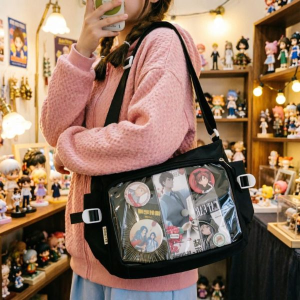Large Black Kawaii Ita Messenger Bag with Clear Window for Plushies and Pins