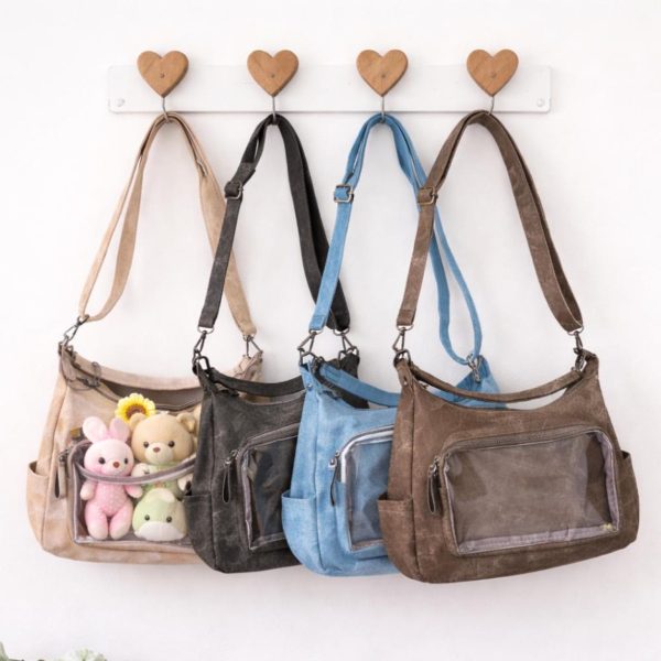 Large Black Kawaii Ita Messenger Bag with Clear Window for Plushies and Pins