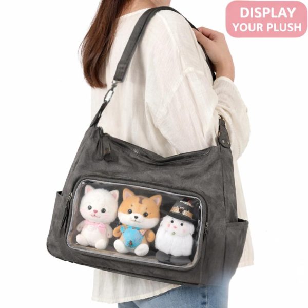 Large Black Kawaii Ita Shoulder Bag with Clear Window for Plushies and Pins
