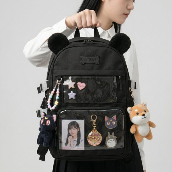Large Black Kawaii Y2K Ita Backpack with Clear Window for Photocards and Pins
