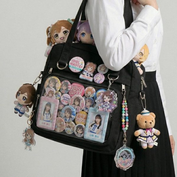 Large Black Kawaii Y2K Ita Backpack with Clear Window for Pin Display