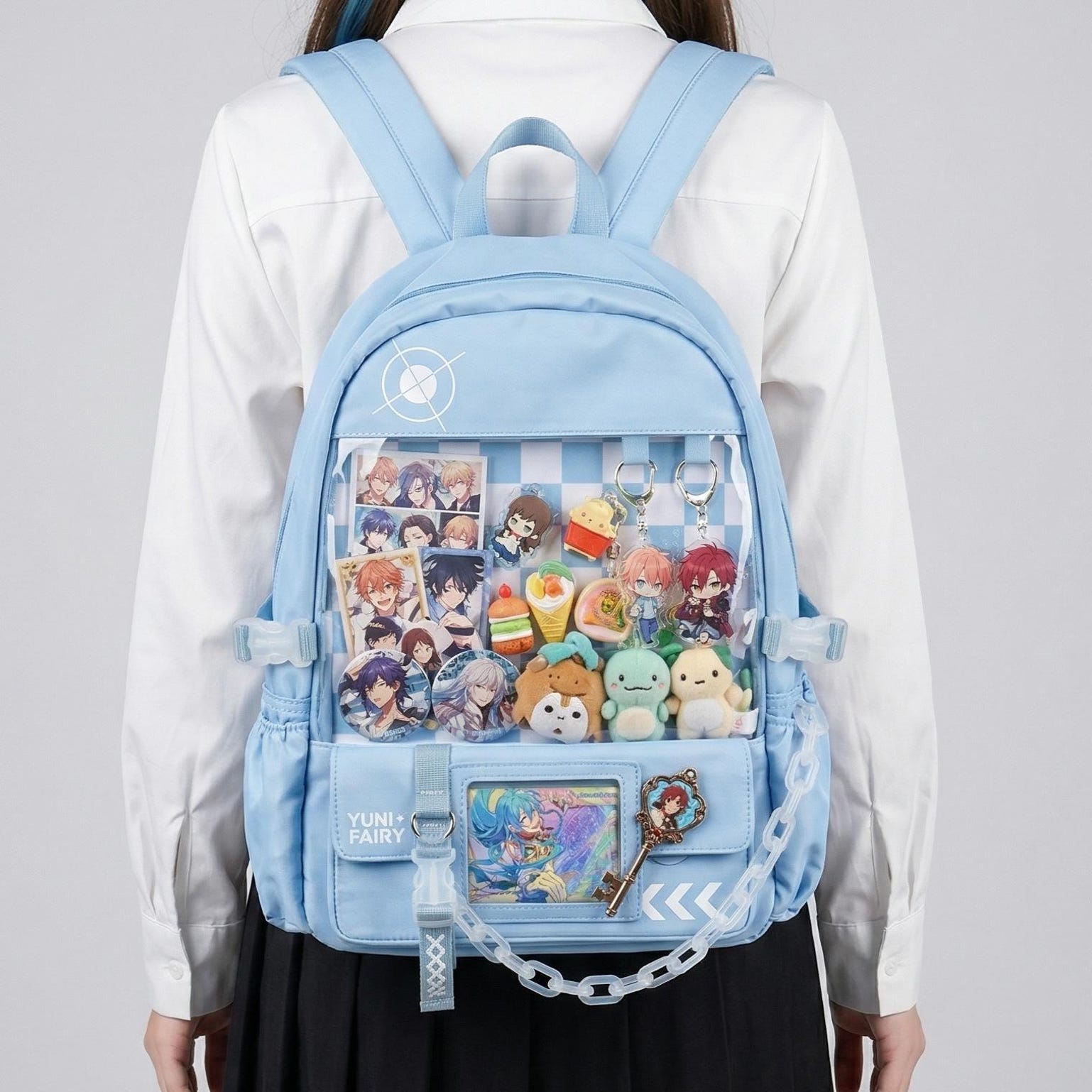 Large Blue Kawaii Y2K Ita Backpack with Clear Window for Photocards and Pins