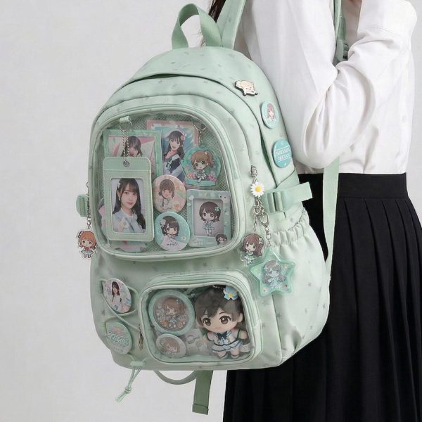 Large Green Kawaii Y2K Ita Backpack with Clear Window for Photocards and Pins