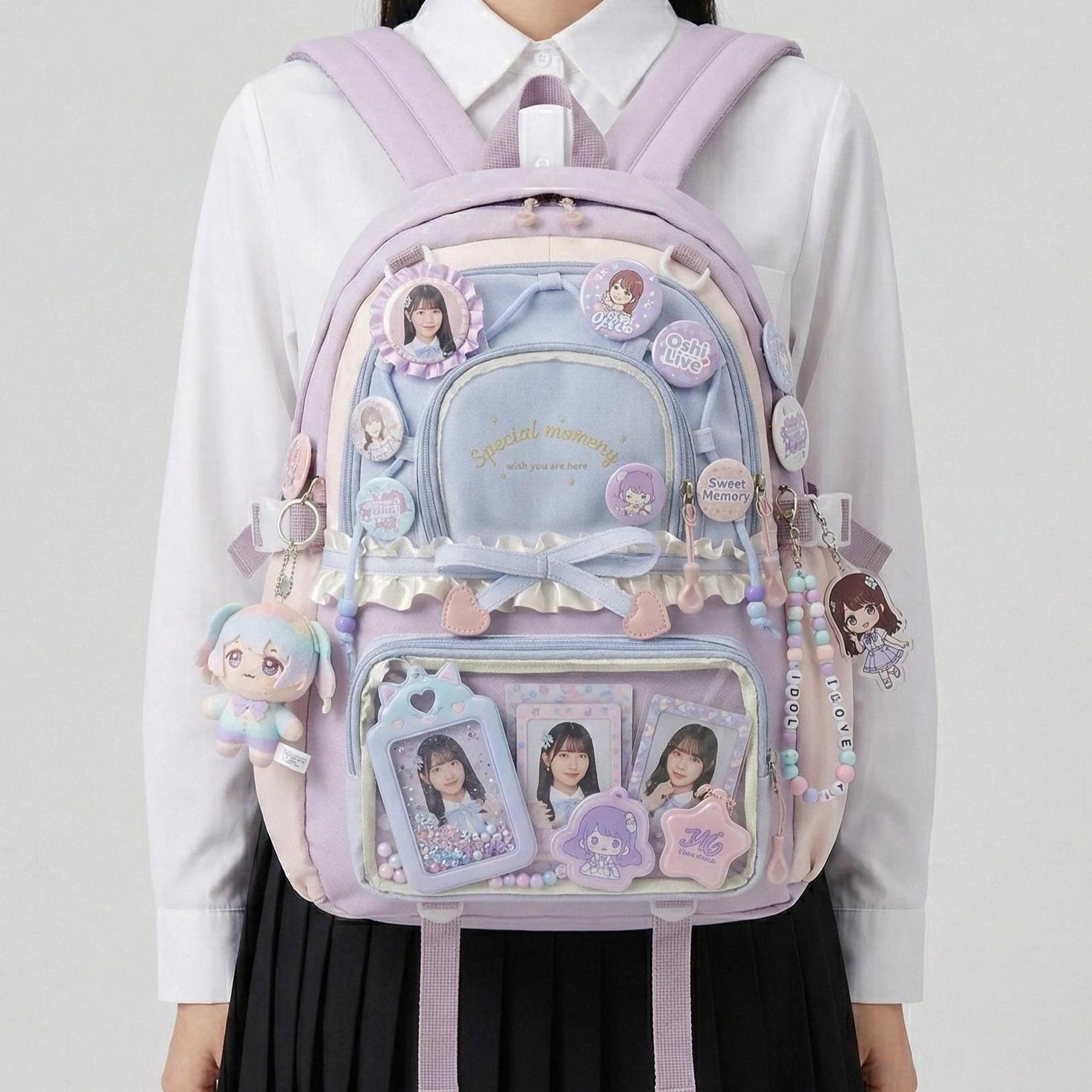 Large Green Kawaii Y2K Ita Backpack with Clear Window for Photocards and Pins