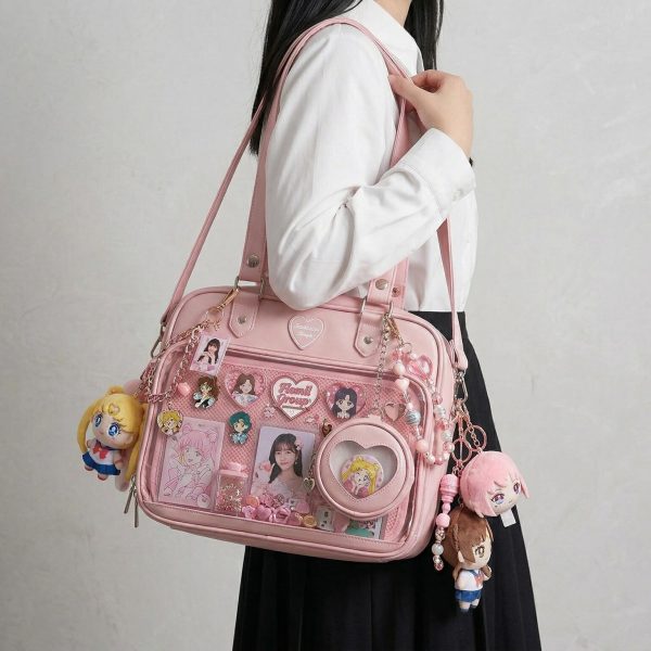 Large Pink Kawaii Y2K Ita Handbag with Clear Window for Pin Display