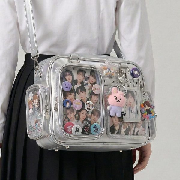 Large Silver Kawaii Y2K Convertible Ita Bag with Clear Window for Photocards and Pins