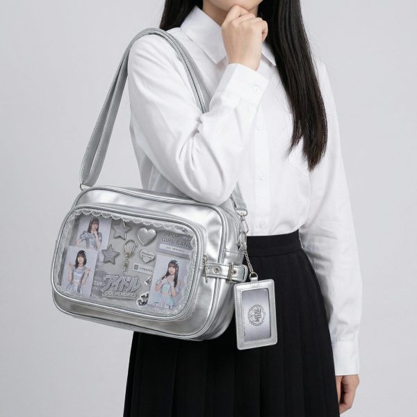 Large Silver Kawaii Y2K Convertible Ita Bag with Clear Window for Plushies and Pins