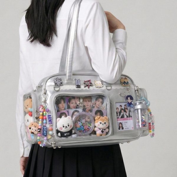 Large Silver Kawaii Y2K Ita Backpack with Clear Window for Photocards and Pins