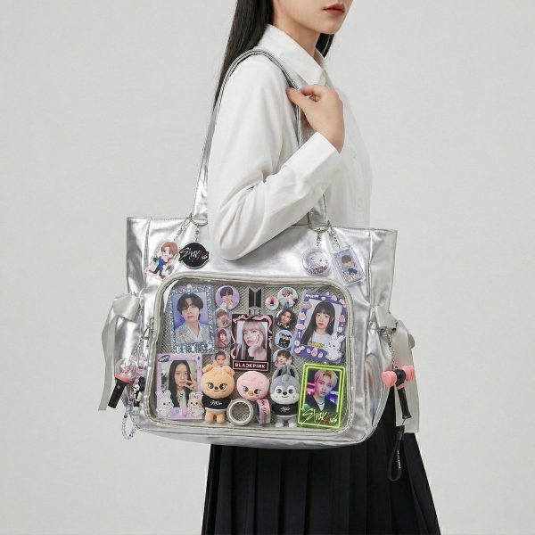 Large Silver Kawaii Y2K Ita Backpack with Clear Window for Pin Display