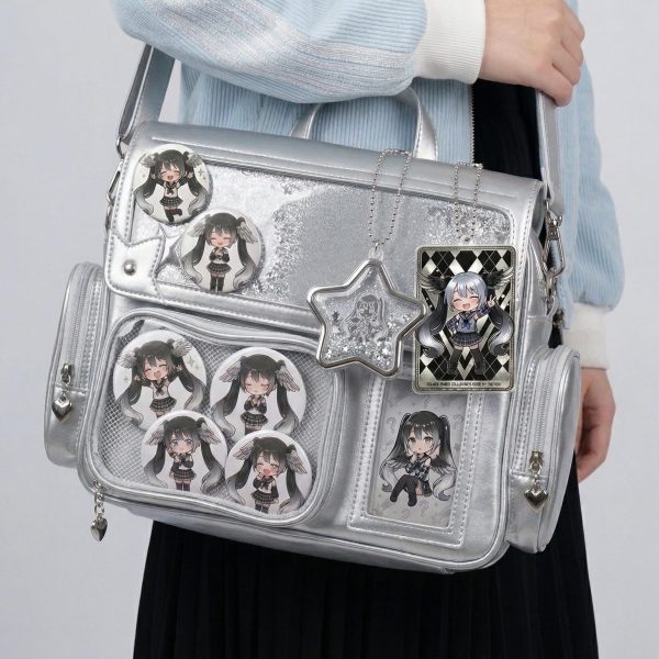 Large Silver Kawaii Y2K Ita Backpack with Clear Window for Pin Display