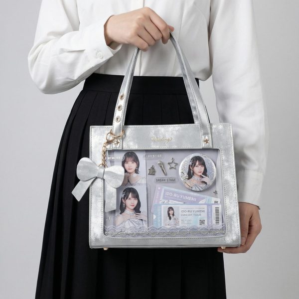 Large Silver Kawaii Y2K Ita Backpack with Clear Window for Plushies and Pins