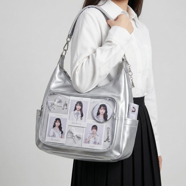 Large Silver Kawaii Y2K Ita Backpack with Clear Window for Plushies and Pins