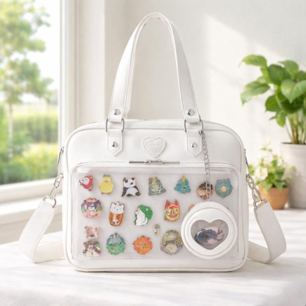 Large White Ita Messenger Bag with Clear Window for Plushies and Pins