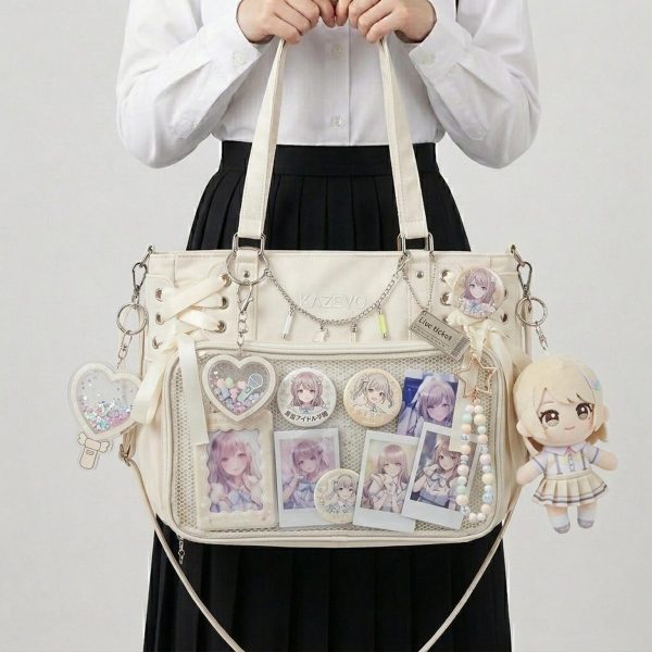 Large White Kawaii Y2K Ita Backpack with Clear Window for Plushies and Pins
