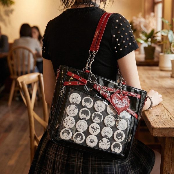 Large Y2K Gothic Ita Shoulder Bag with Clear Window for Pin Display