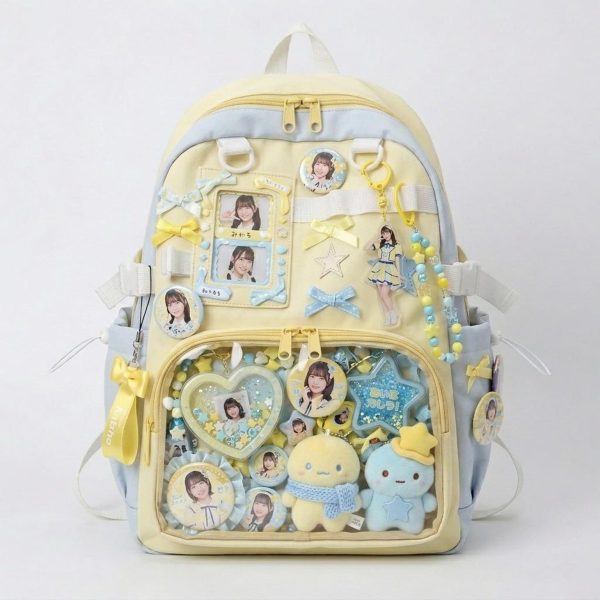 Large Yellow Kawaii Y2K Ita Backpack with Clear Window for Photocards and Pins