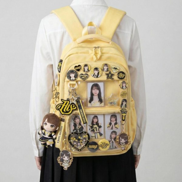 Large Yellow Kawaii Y2K Ita Backpack with Clear Window for Photocards and Pins