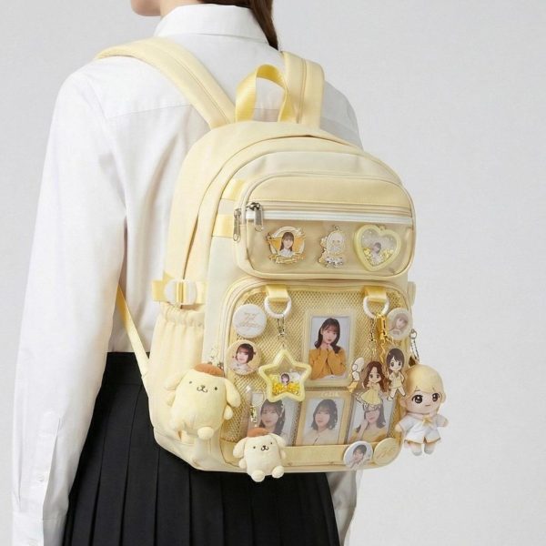 Large Yellow Kawaii Y2K Ita Backpack with Clear Window for Photocards and Pins