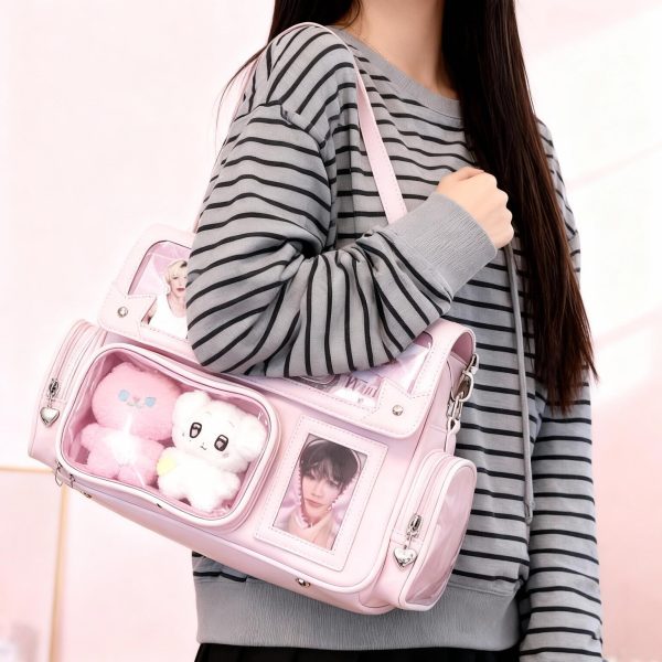 Pink Kawaii Ita Tote Bag with Clear Window for Plushies and Pins