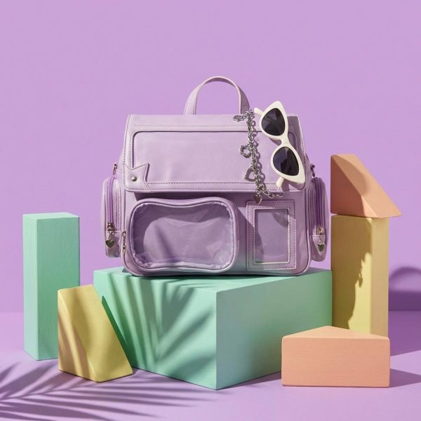 Purple Kawaii Convertible Ita Bag with Clear Window for Pin Display