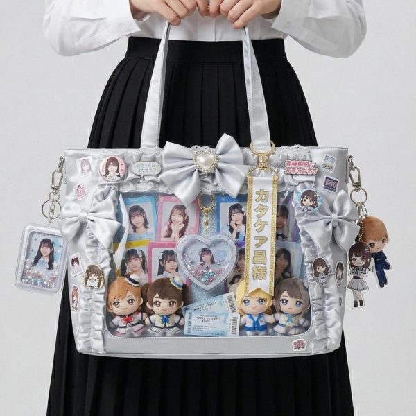Silver Kawaii Y2K Ita Backpack with Clear Window for Pin Display